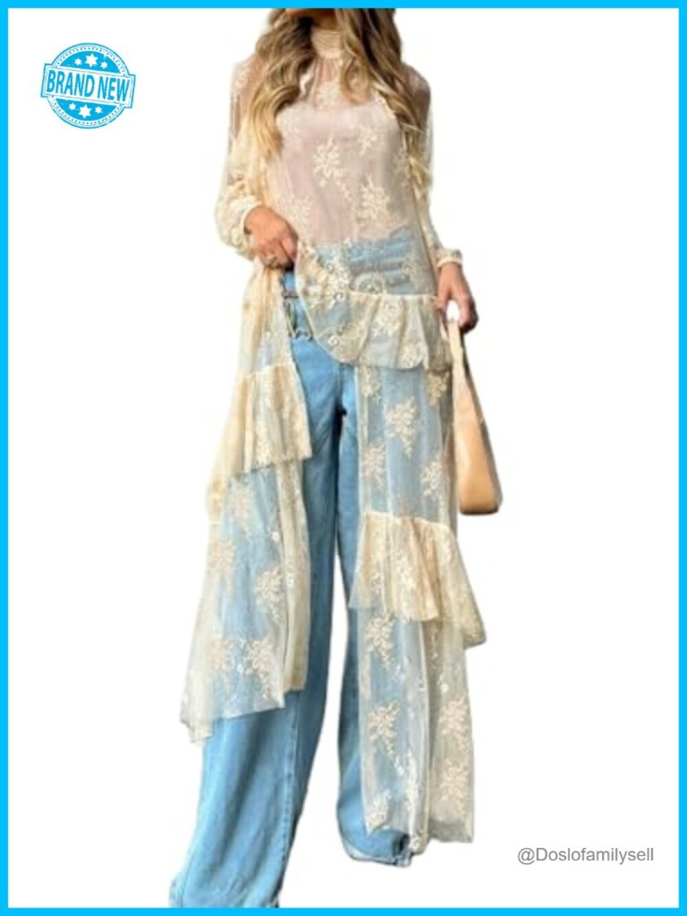 Women Sheer Lace Mesh Long Sleeve Duster Asymmetrical Coverup